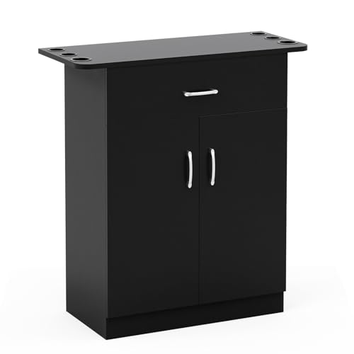 Black Wall Mount Salon Storage Station Barber Cabinet with Drawer and 2 doors, 6 Hair Dryer Holders W4289