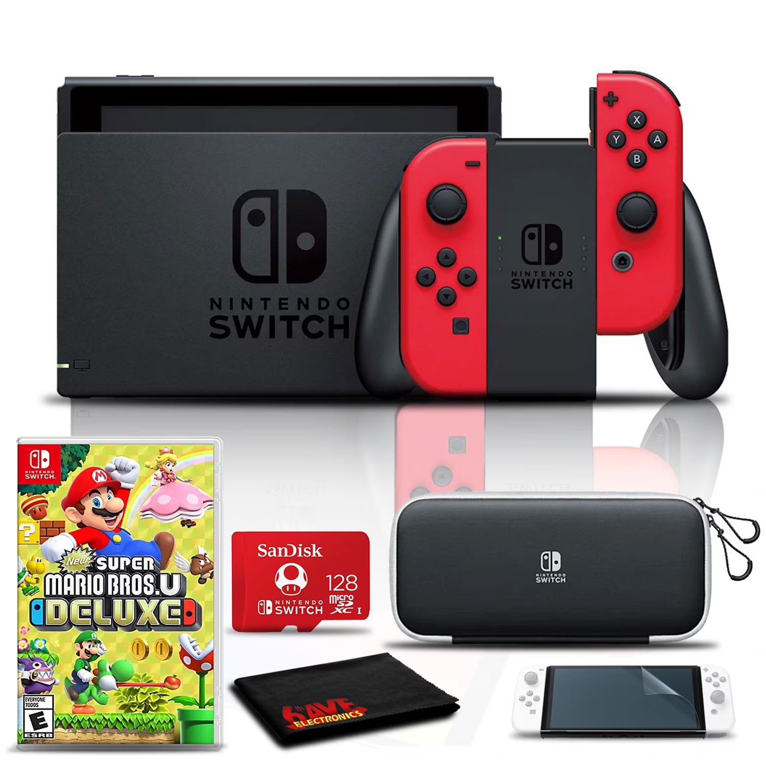 Nintendo Switch Bundle with Carry Case, 128GB SD Card, and New Super Mario Bros U Deluxe Game A445