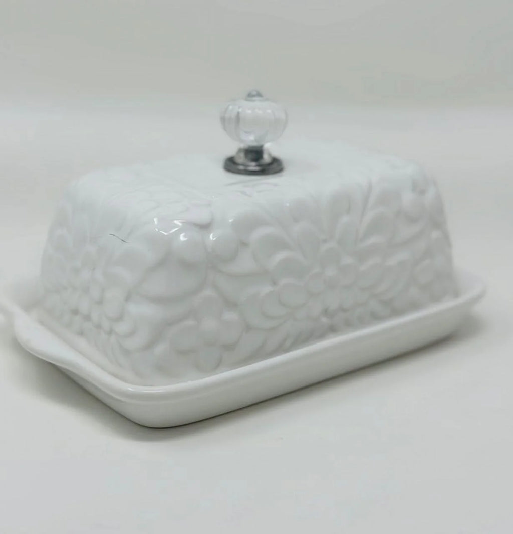 white floral butter dish with crystal knob S999