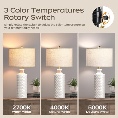 Farmhouse Ceramic Table Lamp Set of 2, 25" White Accent Lamp with 3-Color Temperature LED Bulbs M4032