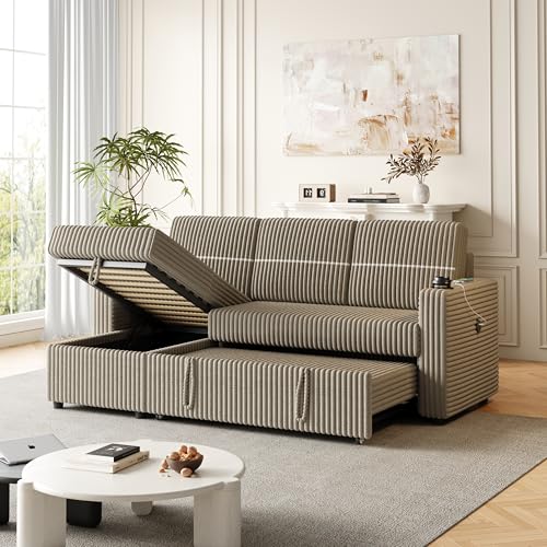 85'' L-Shaped Corduroy Sleeper Sofa with Storage Chaise J59871
