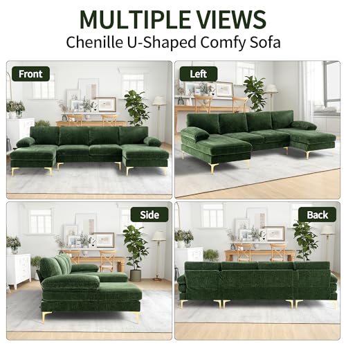 Green Chenille 4 Seater U-Shaped Sectional Couch with Double Chaises and Metal Legs H49716