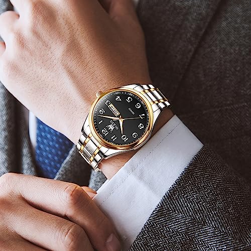 Gold Silver Black Stainless Steel Analog Quartz Watch with Day and Date Z207