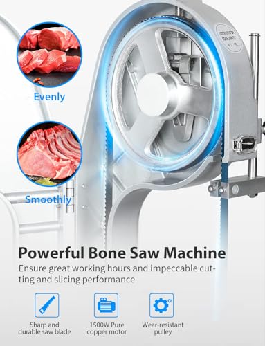 1500W Electric Bone Saw Machine, 0.8-5.9 Inch Cutting Thickness, 2.6HP Frozen Meat Cutter 110V Commercial Bandsaw Machine, 20x15in Table Sawing, 6 Saw Blades I9750