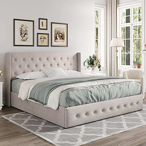 Full Size Lift Up Storage Bed with Wingback Headboard, Light Beige W9658