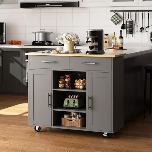 White Kitchen Island with Drop Leaf and Storage on Wheels Y749274