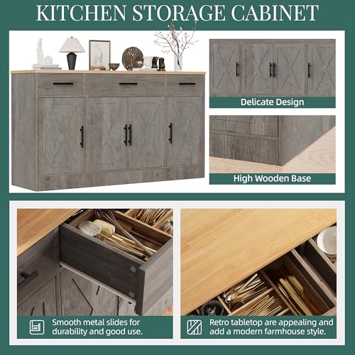 Ash Grey Wood Buffet Cabinet with 3 Drawers and 4 Doors Y504401
