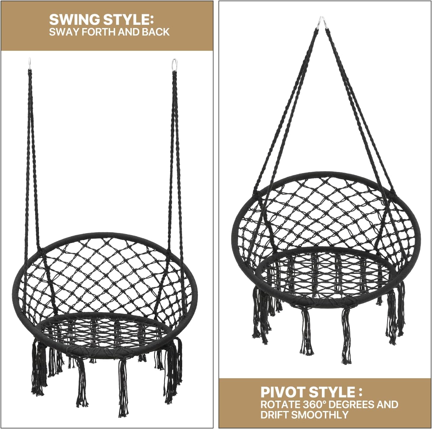 Black Hanging Hammock Chair with Large Padded Cushion, 350 Lbs Capacity N85496