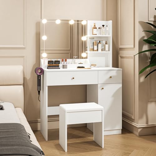 White Vanity Desk with Mirror and Lights Dimmable LED Makeup Table with Drawers Side Cabinet 3 Storage Shelves Power Outlet Dressing Table Set Include Holder Cushioned Stool V26944