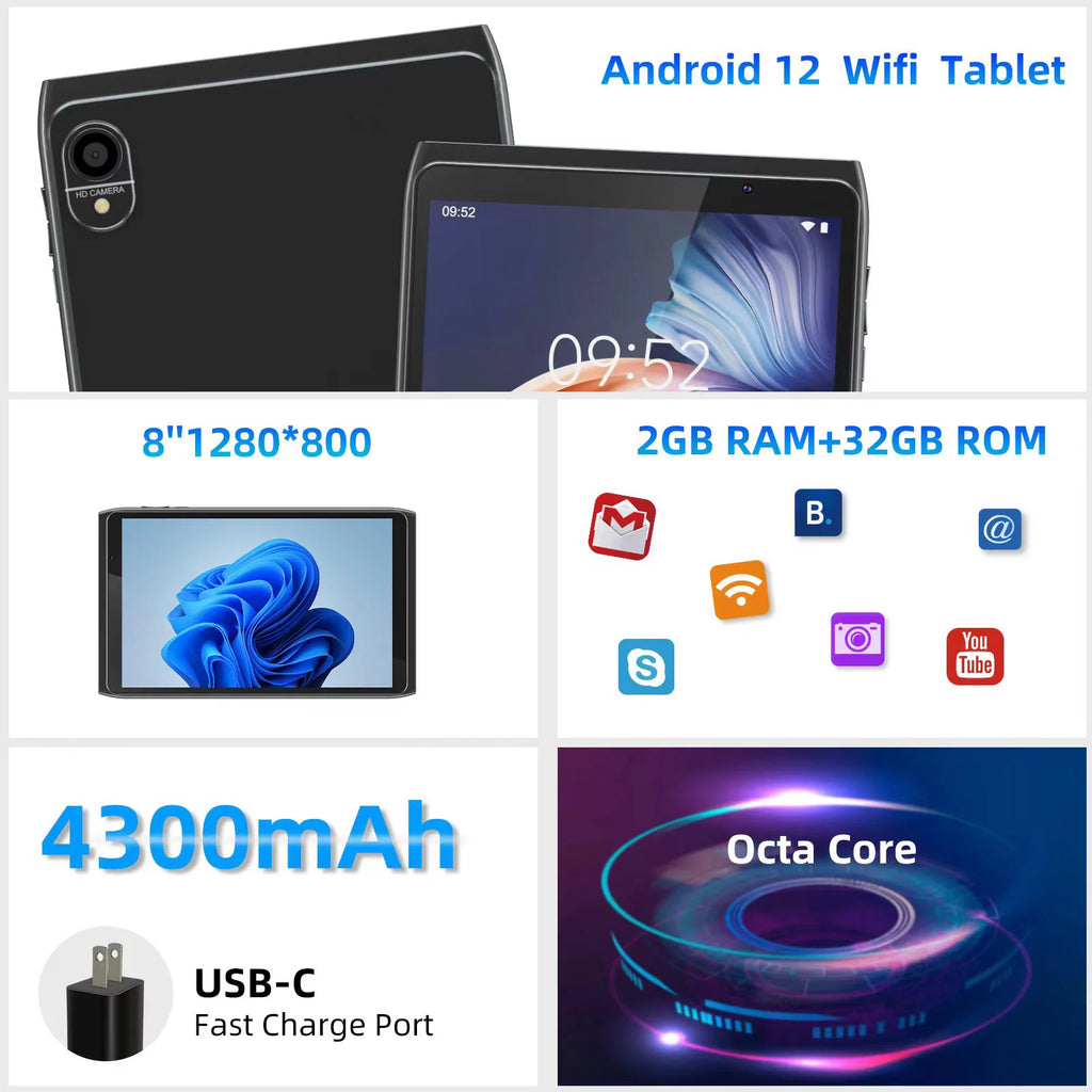 Android Tablet 8 inch 32GB Storage 1280x800 IPS HD Touchscreen N18170