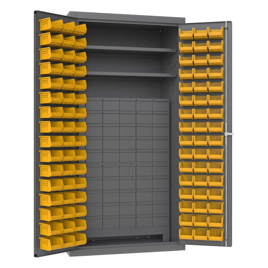 14 Gauge Welded Steel Storage Cabinet with 60 Jumbo Drawers and 96 Hook-On Bins, 1800 lbs Capacity, 24" Length x 36" Width x 72" Height, 2 Shelves D9443