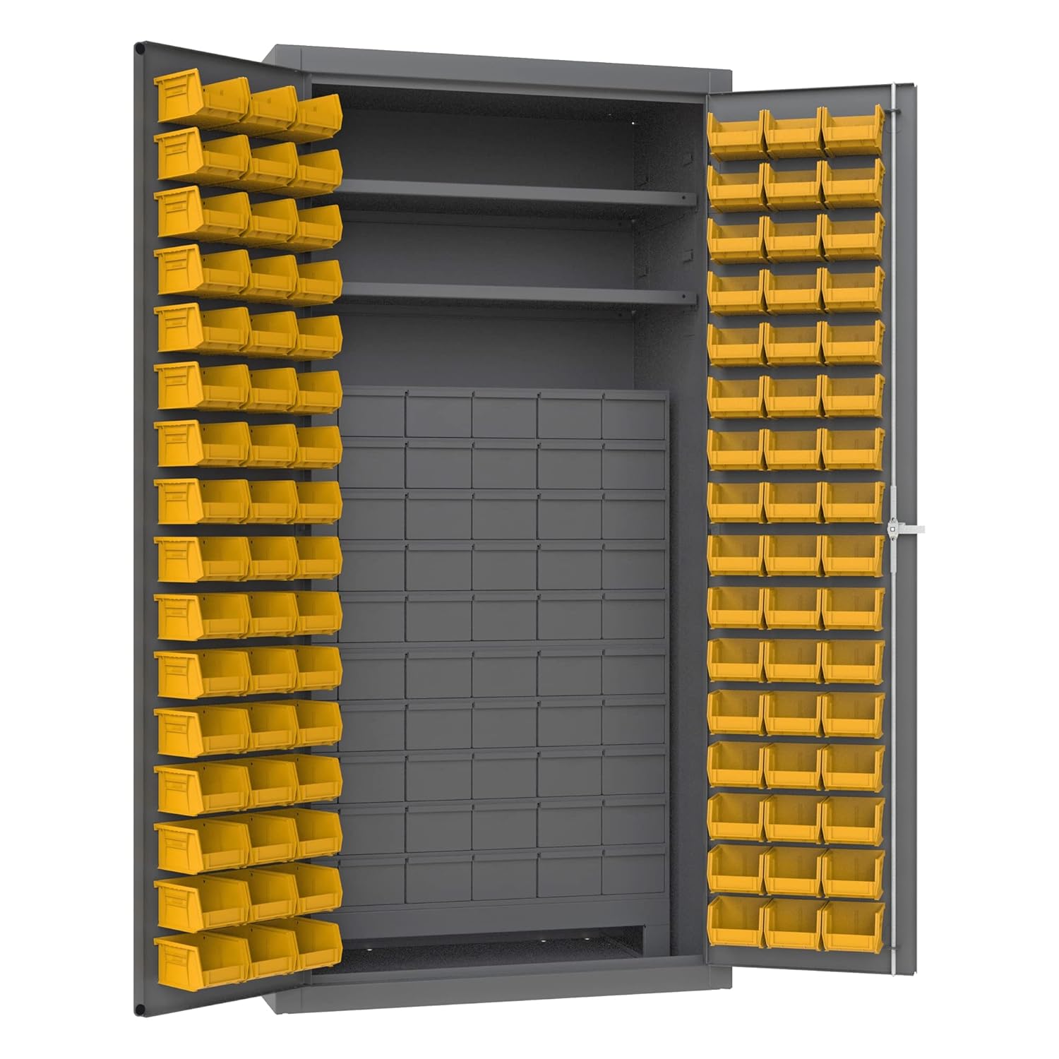 14 Gauge Welded Steel Storage Cabinet with 60 Jumbo Drawers and 96 Hook-On Bins, 1800 lbs Capacity, 24" Length x 36" Width x 72" Height, 2 Shelves D9443