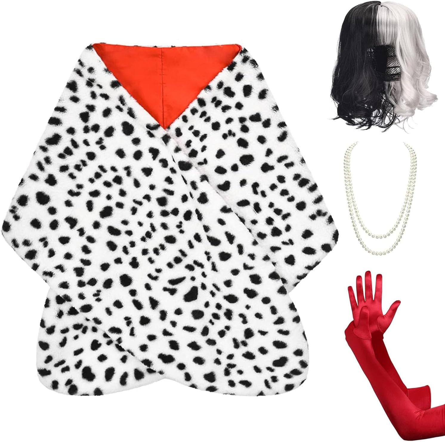 Black and White Wig, Dalmatian Shawl, Red Gloves, Necklace and Wig Cap Accessories Y4287
