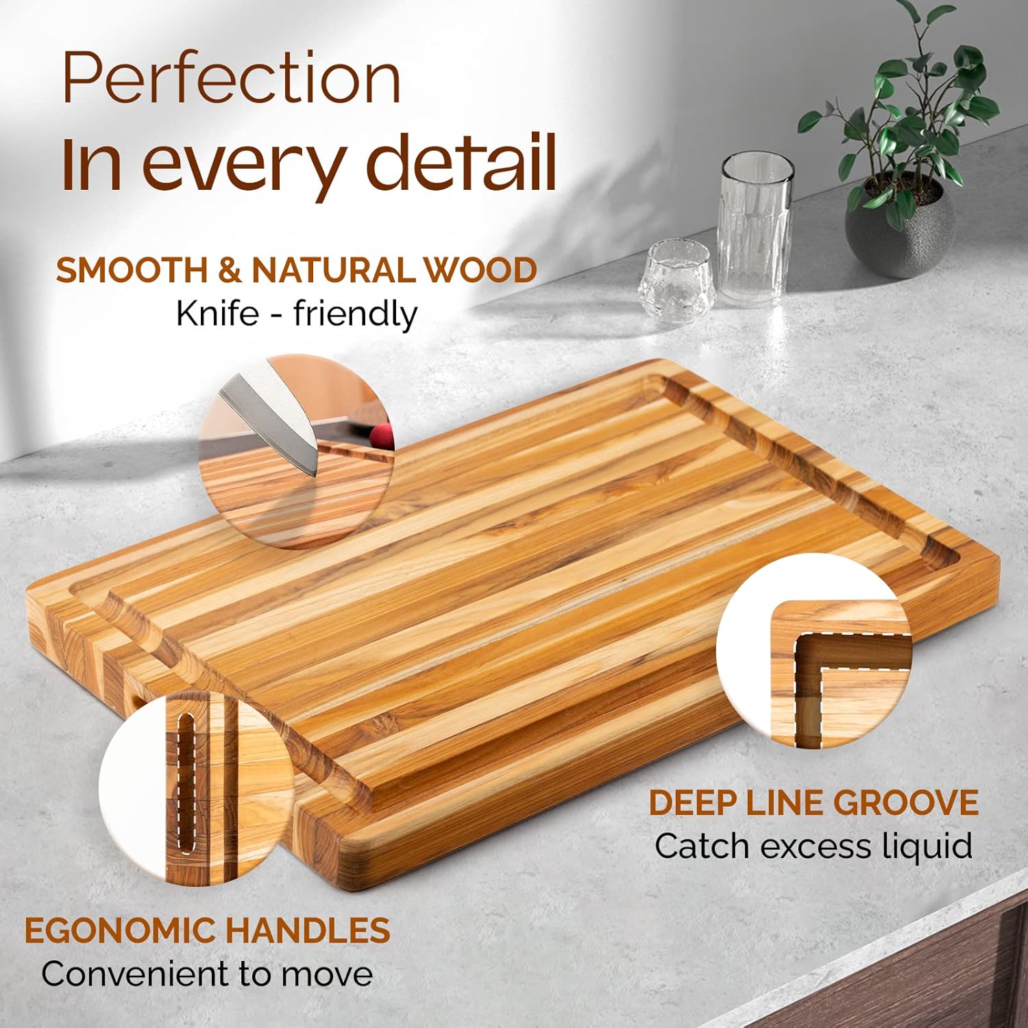 Set of 2 Teak Wood Cutting Board with Juice Groove and Handles - 17 inches + 20 inches W1868