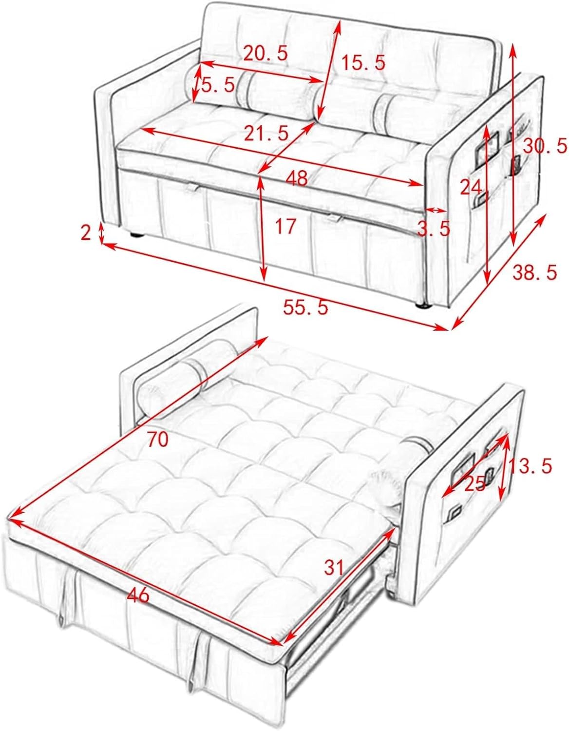 Beige 2 Seater Sleep Sofa Bed with Side Pockets E5151