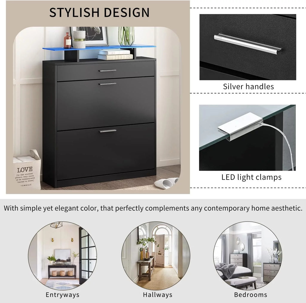 Black Slim Shoe Cabinet with 2 Flip Drawers and Tempered Glass Top G577