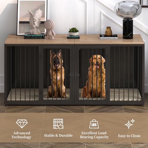 71.6'' All Steel Frame Double Door Dog Crate with Wooden Top H37828