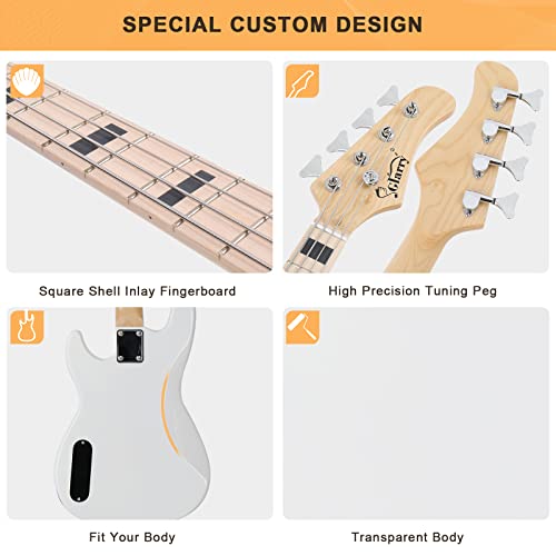 Full Size Electric Bass Guitar 4 String Canadian Maple Fingerboard with Cable, Strap, Bag and Accessories (White) Y2718