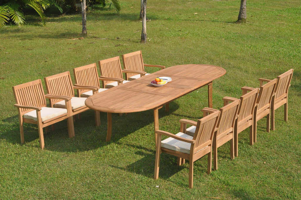 11 Pc Teak Dining Set with 118" Oval Table and 10 Stacking Arm Chairs D3609