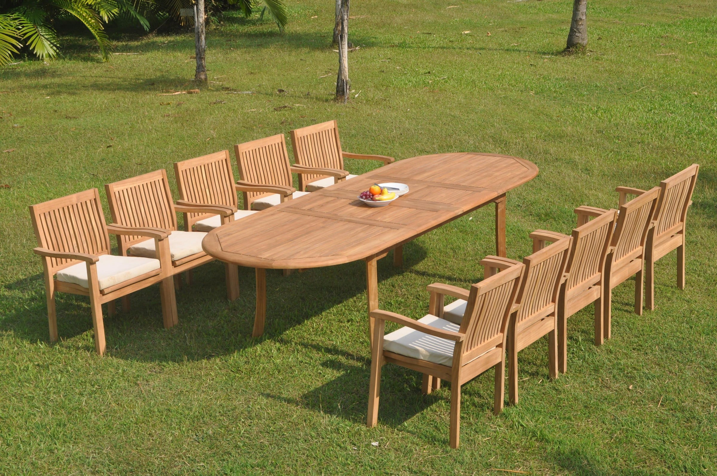 11 Pc Teak Dining Set with 118" Oval Table and 10 Stacking Arm Chairs D3609