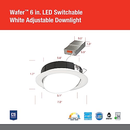 Wafer-Thin LED Downlight, Adjustable Trim, Switchable CCT 2700K-5000K, 90+ CRI, Matte White, 6-Inch F557490