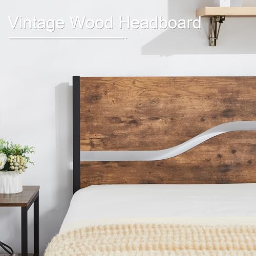 Twin Bed Frame with Wood Storage Headboard & Footboard, Metal Platform, Rustic Brown T518