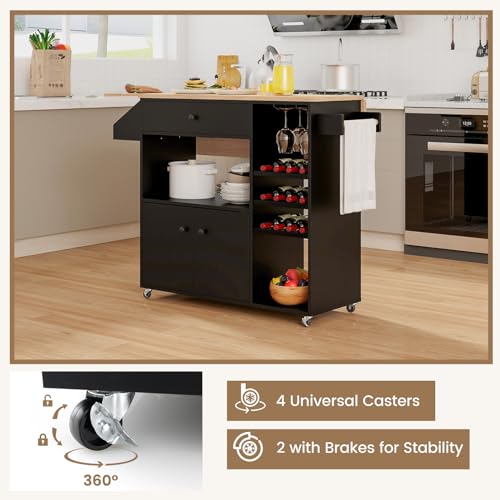 Rolling Kitchen Island Cart with Drop Leaf, Power Outlet, Spice Rack, 12 Wine Rack, Drawer, Storage Cabinet, Rustic Brown M132