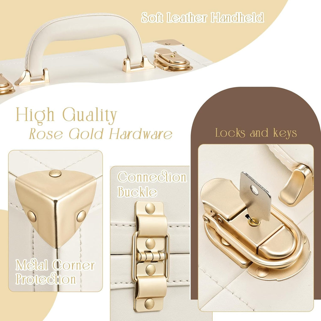 Large Portable Cosmetic Makeup Storage Box Organizer with 4 Tray Compartments Champagne Beige Vegan Leather F5669