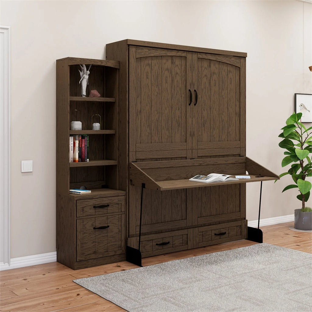 Brown Wood Queen Murphy Wall Desk Bed with Shelf Storage Y315
