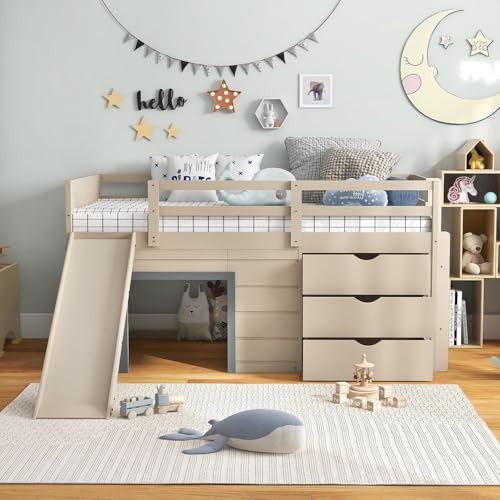 Twin Low Loft Bed with 3 Storage Drawers, Wood Loft Bed with Slide, Ladder, Guardrails E140607
