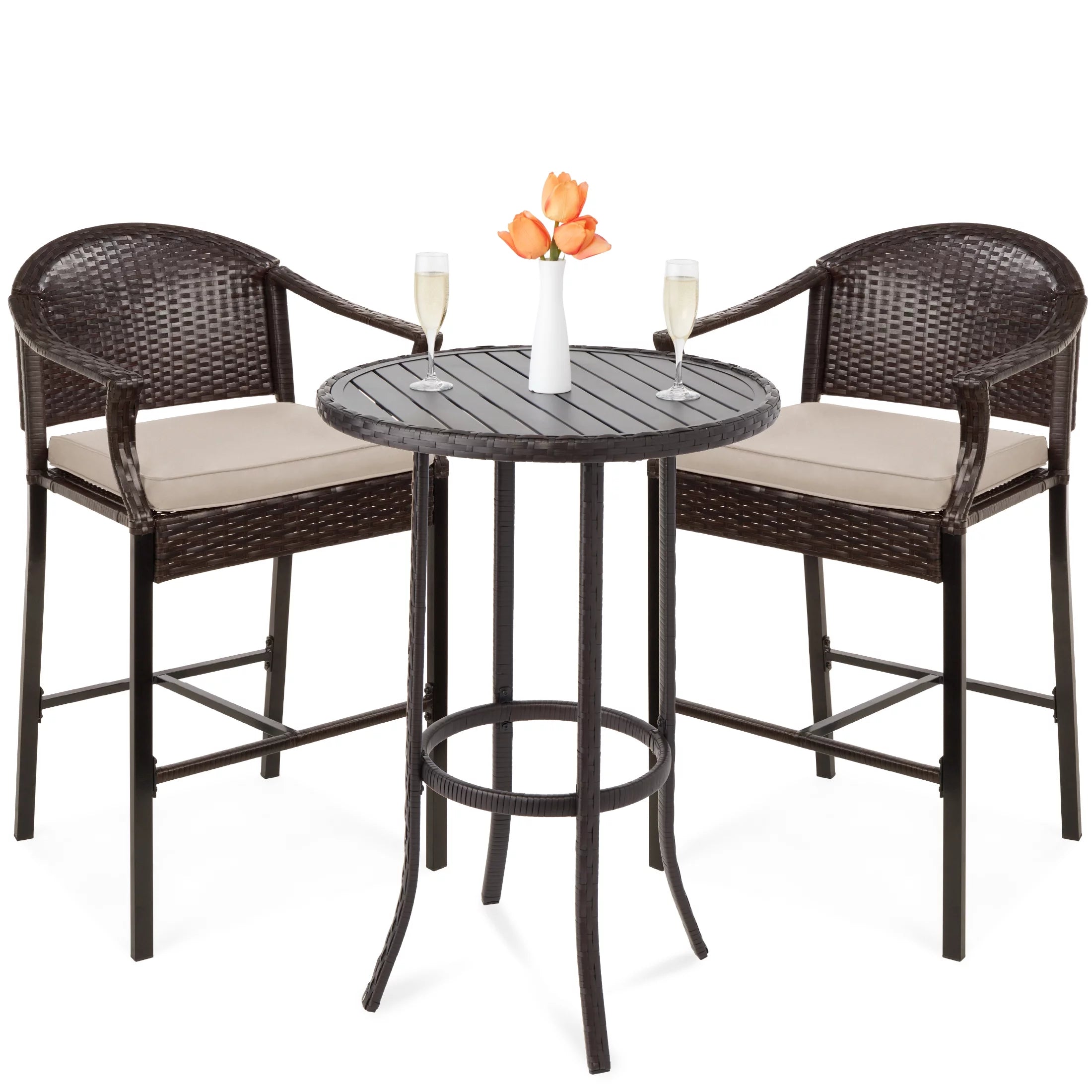 3-Piece Outdoor Wicker Patio Bar Table Bistro Set with Barstools N386205