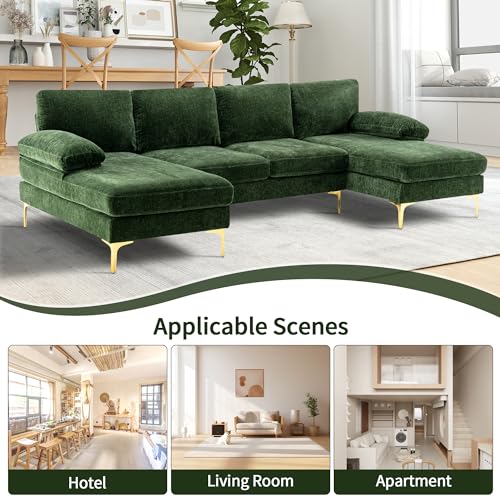 Green Chenille 4 Seater U-Shaped Sectional Couch with Double Chaises and Metal Legs H49716