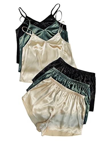 3 Sets Silk Satin Pajama Set Sleeveless V Neck Crop Cami Top and Shorts J31621