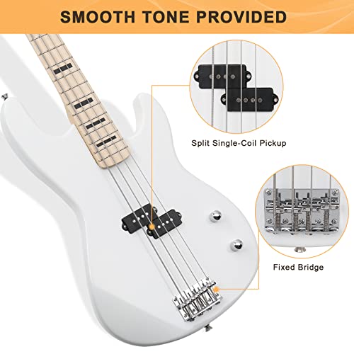 Full Size Electric Bass Guitar 4 String Canadian Maple Fingerboard with Cable, Strap, Bag and Accessories (White) Y2718