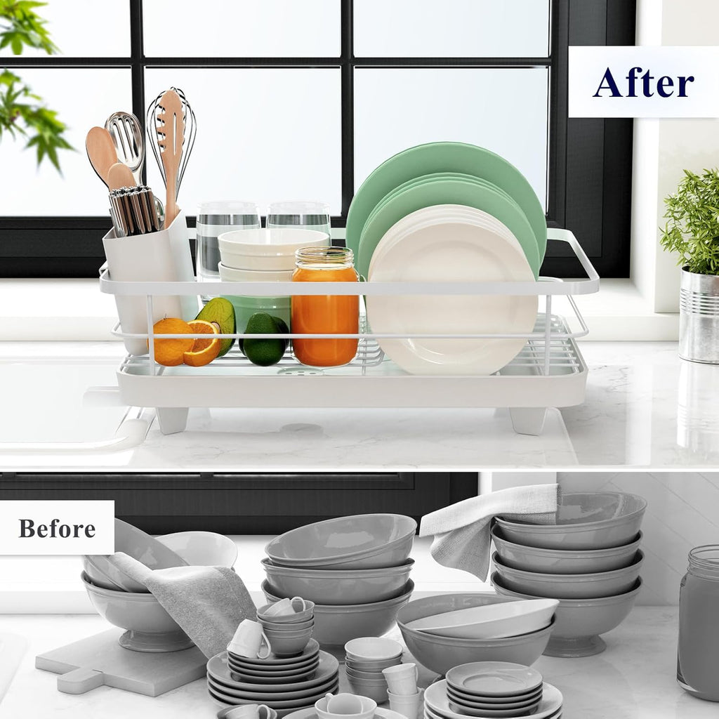 White Stainless Steel Dish Drying Rack with Cutlery Holder O8755