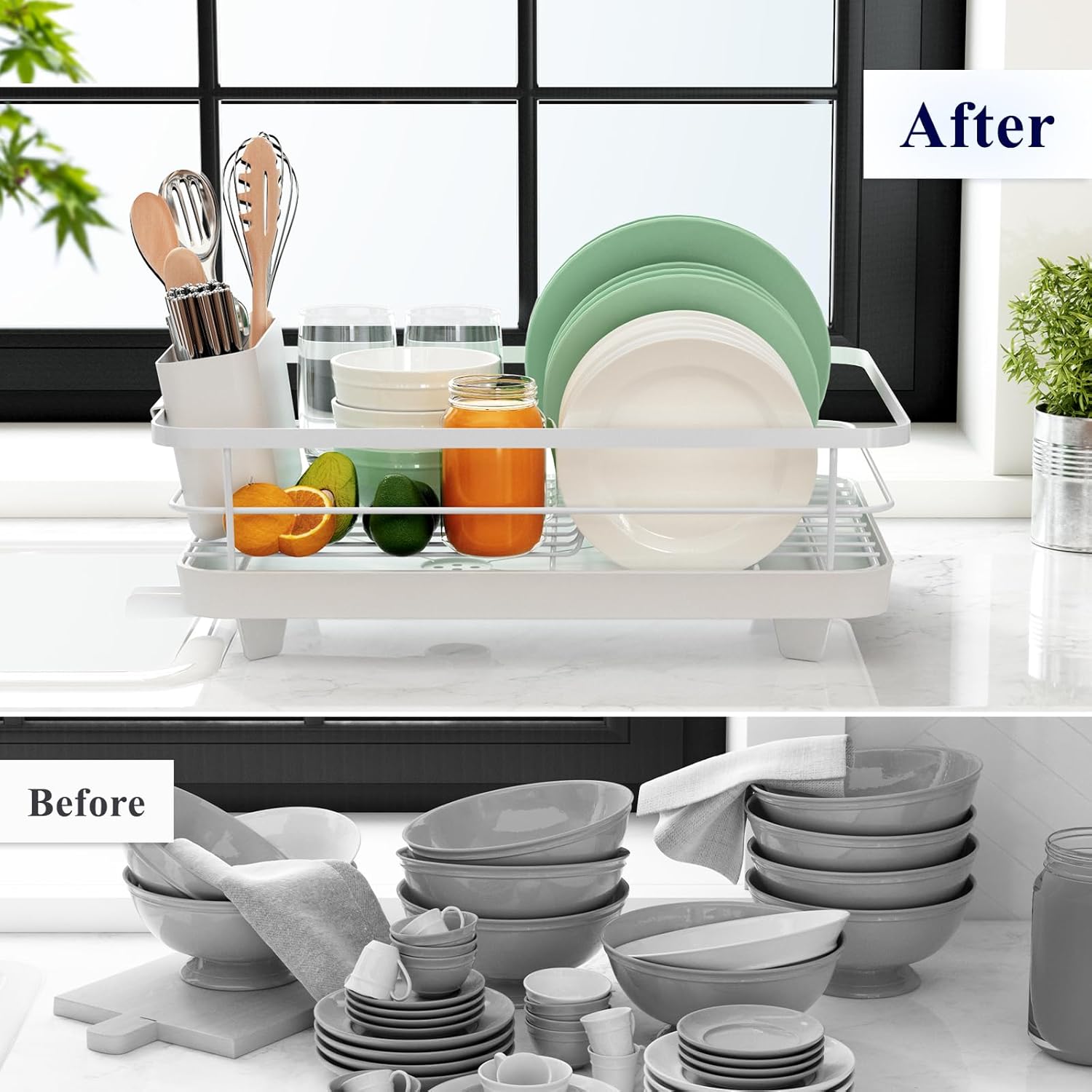 White Stainless Steel Dish Drying Rack with Cutlery Holder O8755