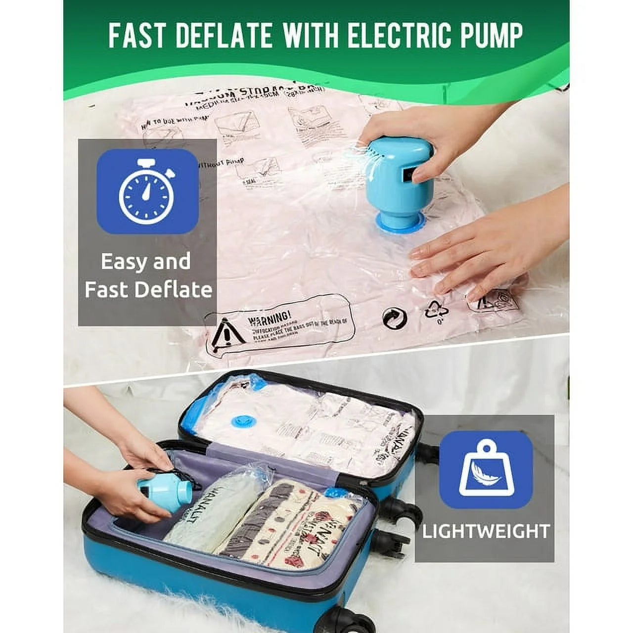 10 Pack Vacuum Storage Bags Small with Electric Air Pump Reusable Compression 24"x16" L348898