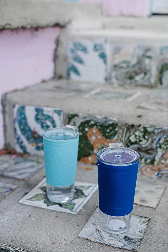 20 oz Blue Glass Tumbler with Straw Z570194
