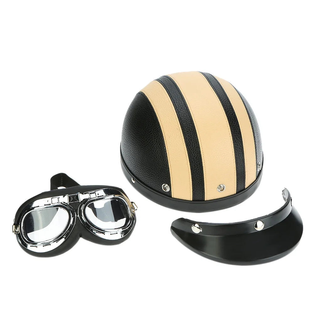 Motorcycle Scooter Open Face Half Leather Helmet with Visor UV Goggles 54-60cm I870998