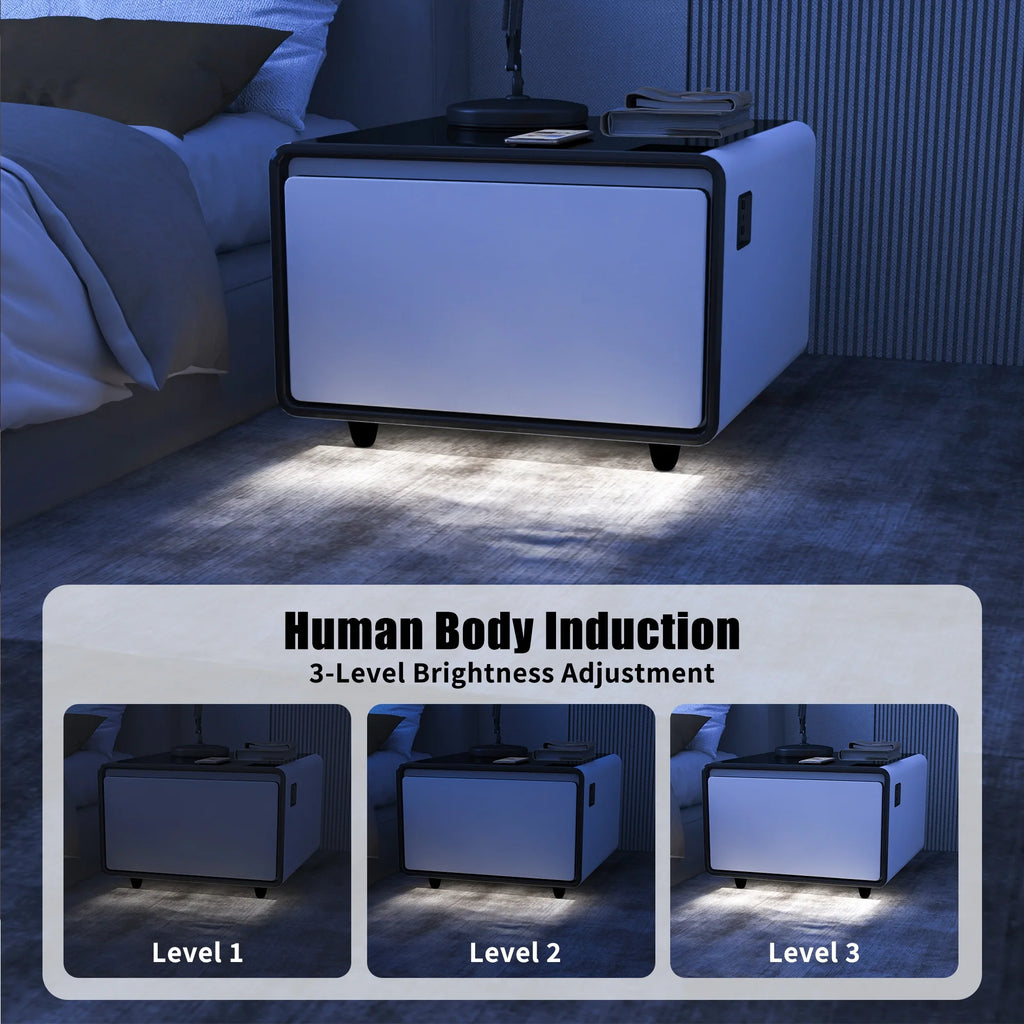 White Smart Side Table with Built in Fridge and Storage Drawer W205