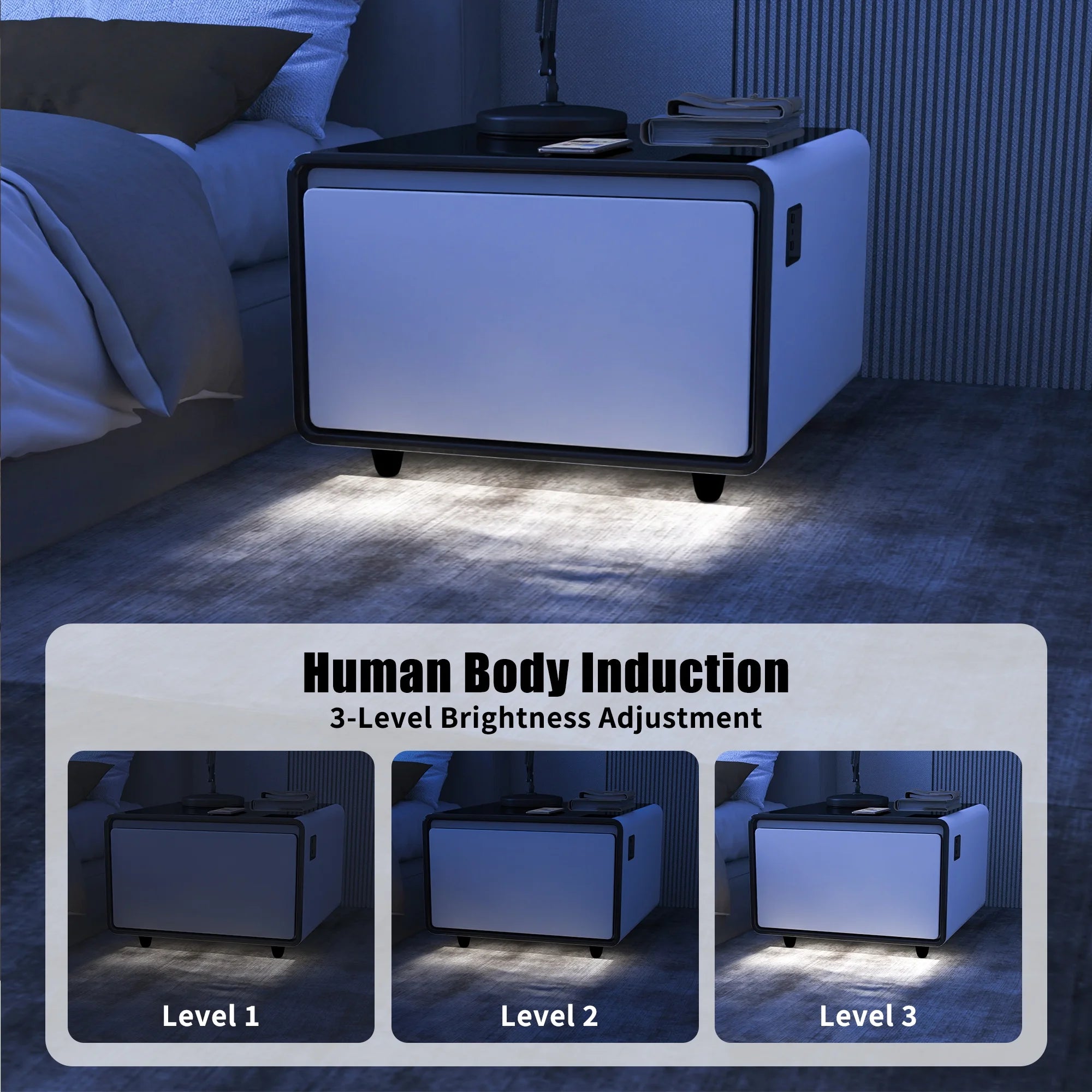 White Smart Side Table with Built in Fridge and Storage Drawer W205