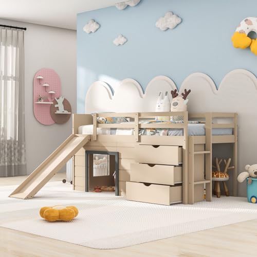 Twin Low Loft Bed with 3 Storage Drawers, Wood Loft Bed with Slide, Ladder, Guardrails E140607