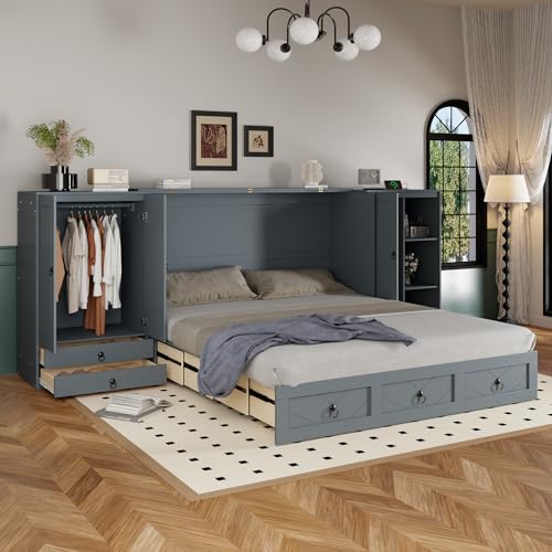 White Solid Pine Queen Size Murphy Bed with USB and Drawers I48089