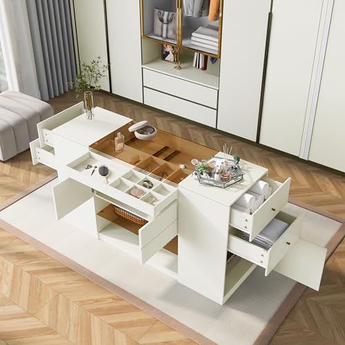White Glass Top 6 Drawer Wooden Wardrobe Armoire M245