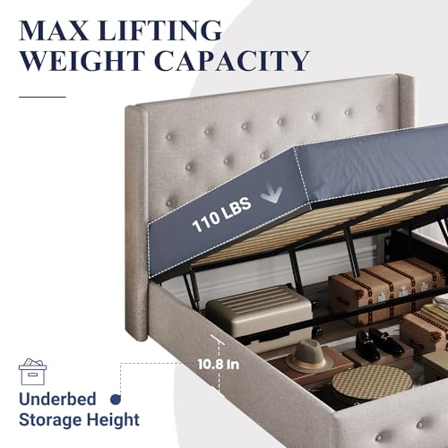 Full Size Lift Up Storage Bed with Wingback Headboard, Light Beige W9658
