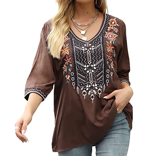 Embroidered 3/4 Sleeve V Neck Tunic Blouses U3489