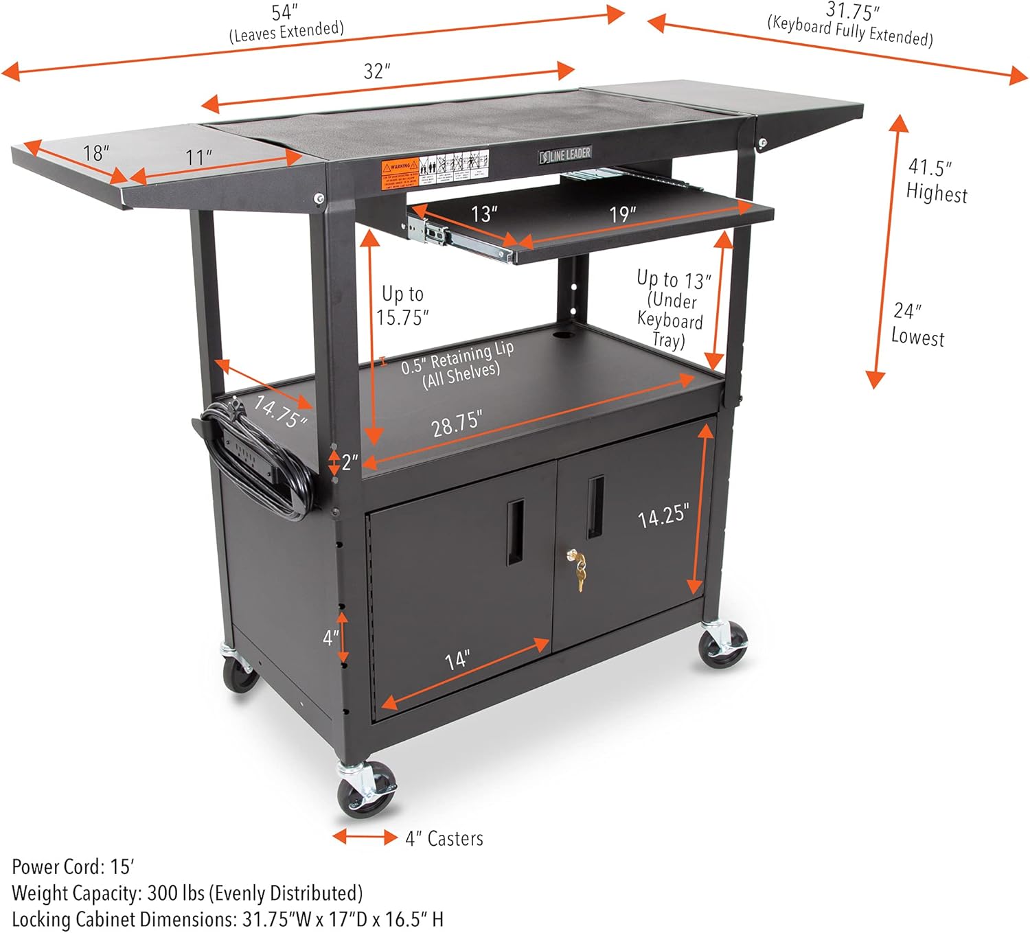 Large AV Cart with Locking Cabinet & Drop Leaves, Height Adjustable Utility Cart, Includes Pullout Keyboard Tray & Cord Management (54in x 18in x 42in / Black) Y6875