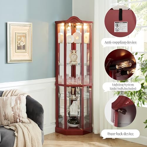 Corner China Cabinet with Glass Doors and Tempered Adjustable Glass Shelves T8907
