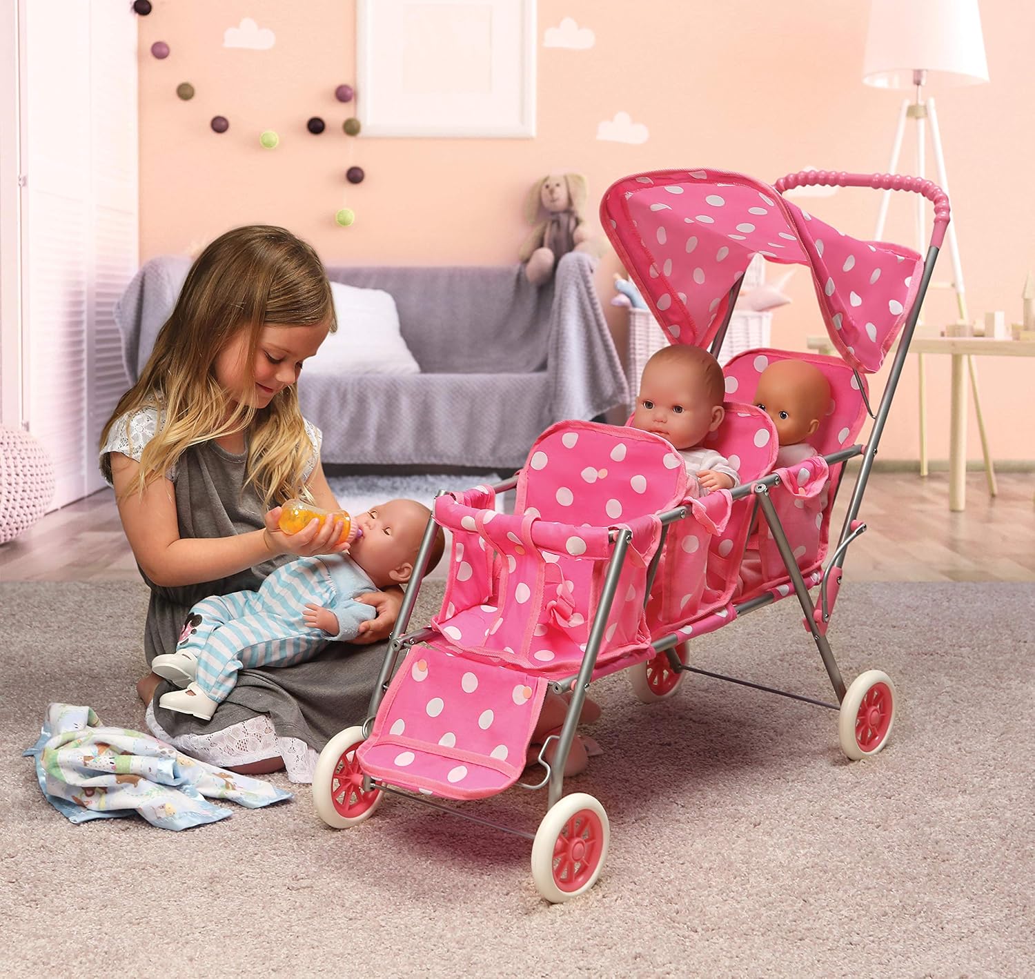 Pink Polka Dots Triple Doll Stroller V875