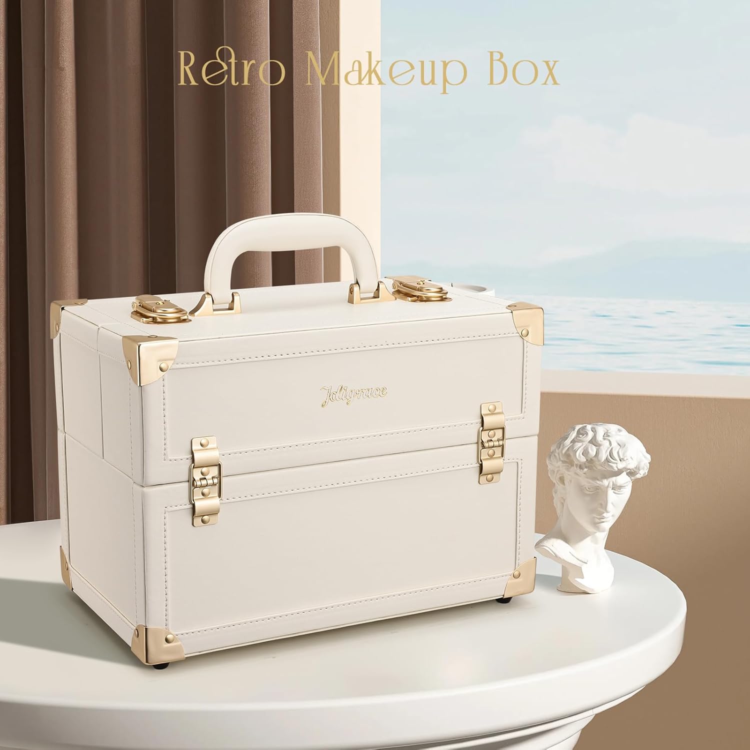 Large Portable Cosmetic Makeup Storage Box Organizer with 4 Tray Compartments Champagne Beige Vegan Leather F5669
